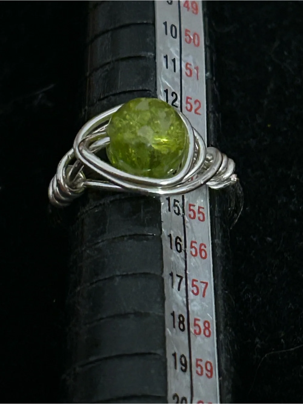 Silver Wire-Wrapped Ring with Lime Green Glass stone